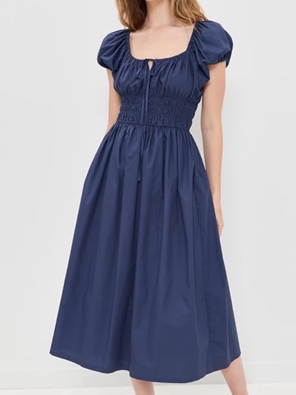 O.P.T. Luisa Dress Smocked Waist Puff-Sleeve Midi Dress - Navy